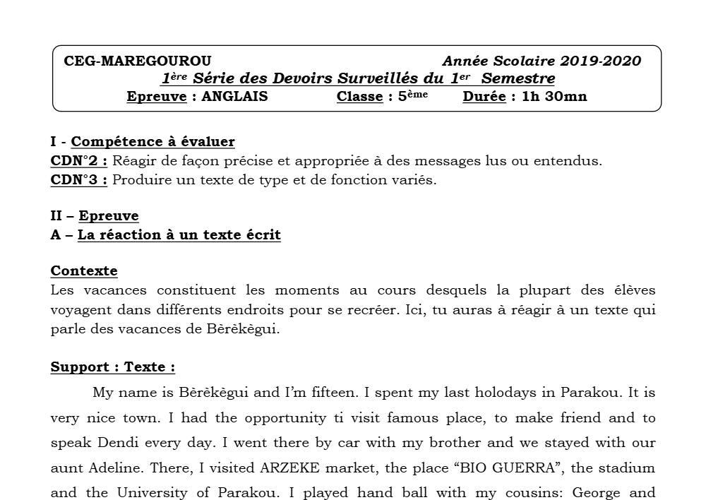 Aperçu de la première page — 5e Anglais Devoir 1 Semestre 1 CEG Maregourou 2019 2020
