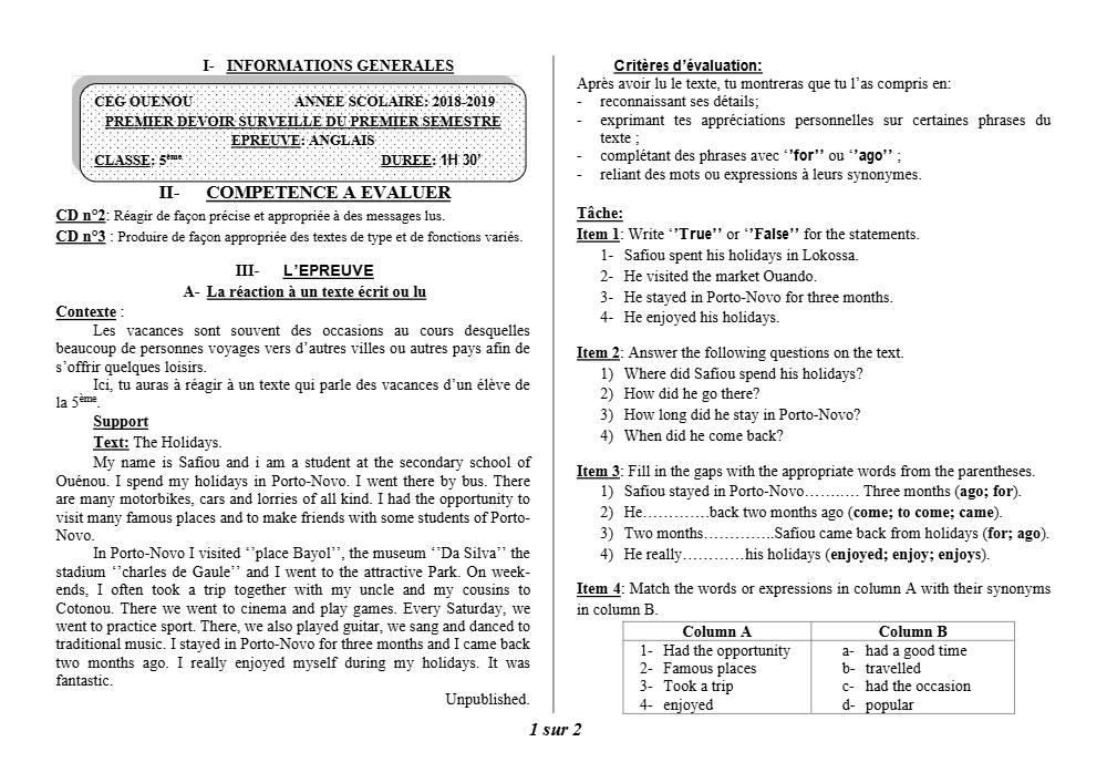 Aperçu de la première page — 5e Anglais Devoir 1 Semestre 1 CEG Ouenou 2018 2019