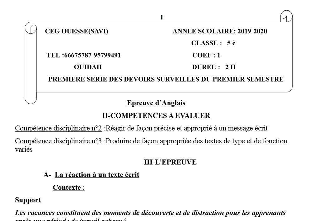 Aperçu de la première page — 5e Anglais Devoir 1 Semestre 1 CEG Ouesse 2019 2020
