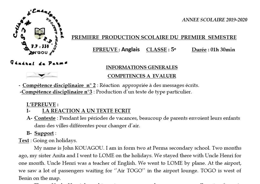 Aperçu de la première page — 5e Anglais Devoir 1 Semestre 1 CEG Perma 2019 2020