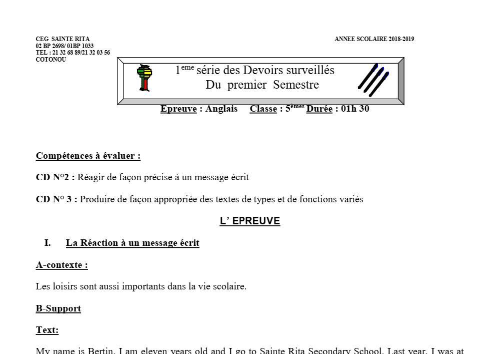 Aperçu de la première page — 5e Anglais Devoir 1 Semestre 1 CEG Sainte Rita 2018 2019