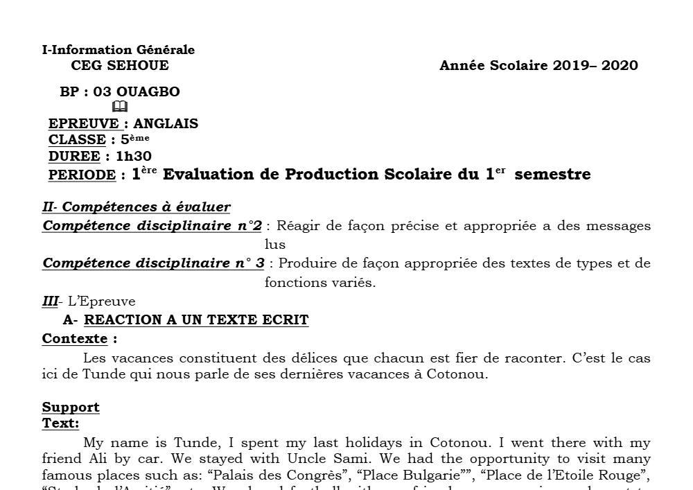 Aperçu de la première page — 5e Anglais Devoir 1 Semestre 1 CEG Sehoue 2019 2020