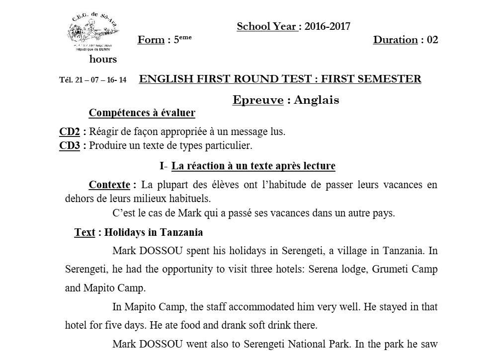 Aperçu de la première page — 5e Anglais Devoir 1 Semestre 1 CEG So Ava 2018 2019