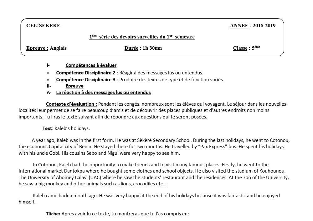 Aperçu de la première page — 5e Anglais Devoir 1 Semestre 1 CEG Sékéré 2018 2019