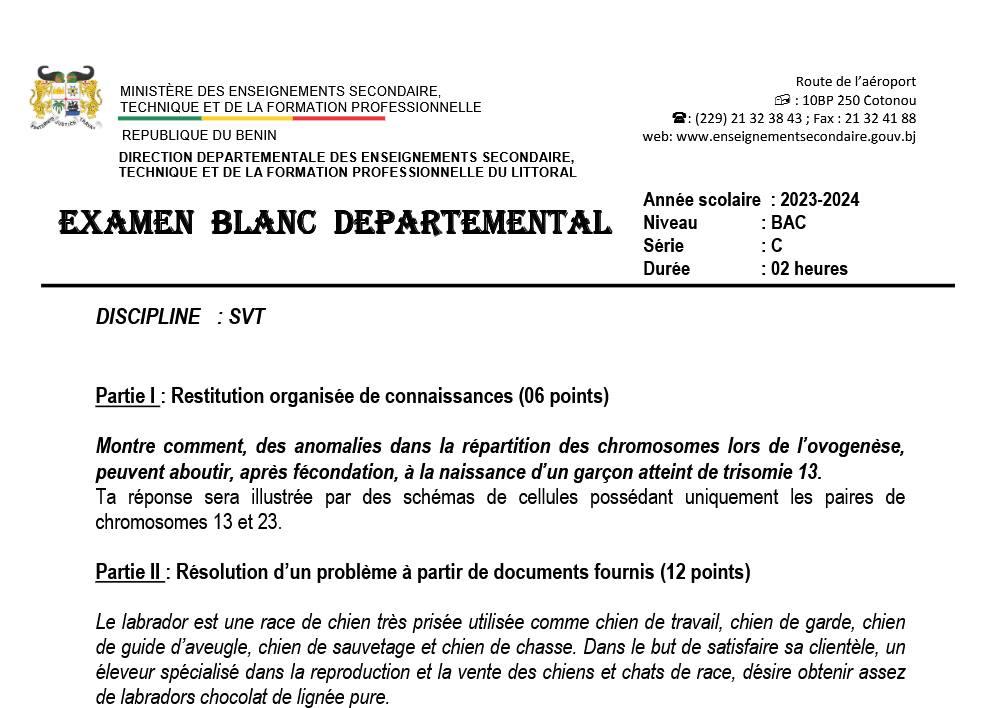 Aperçu de la première page — BAC BLANC LITTORAL - SVT Tle C