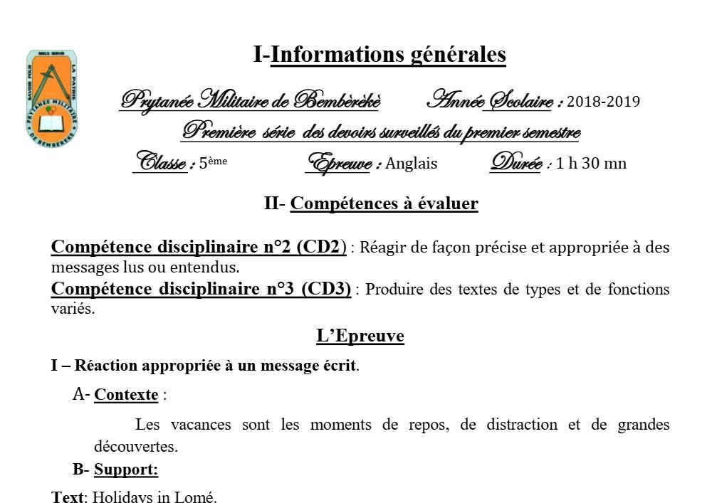 Aperçu de la première page — 5e Anglais Devoir 1 Semestre 1 Prytanee Militaire de Bembereke 2018 2019