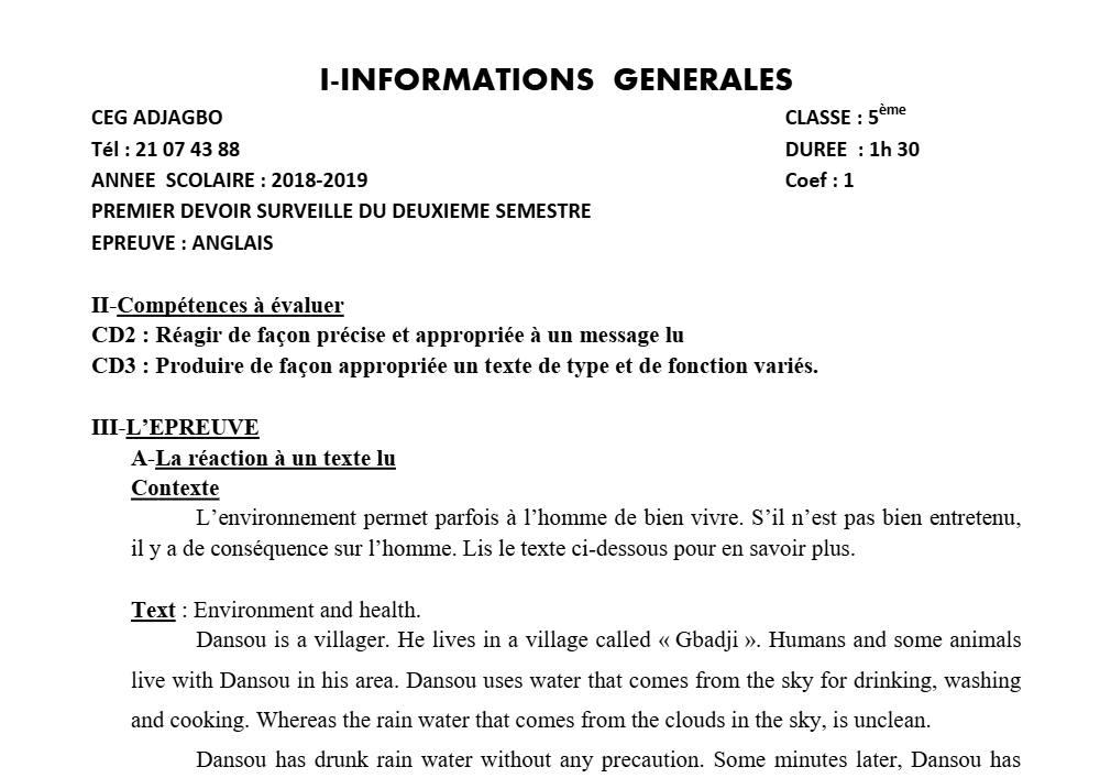 Aperçu de la première page — 5e Anglais Devoir 1 Semestre 2 CEG Adjagbo 2018 2019