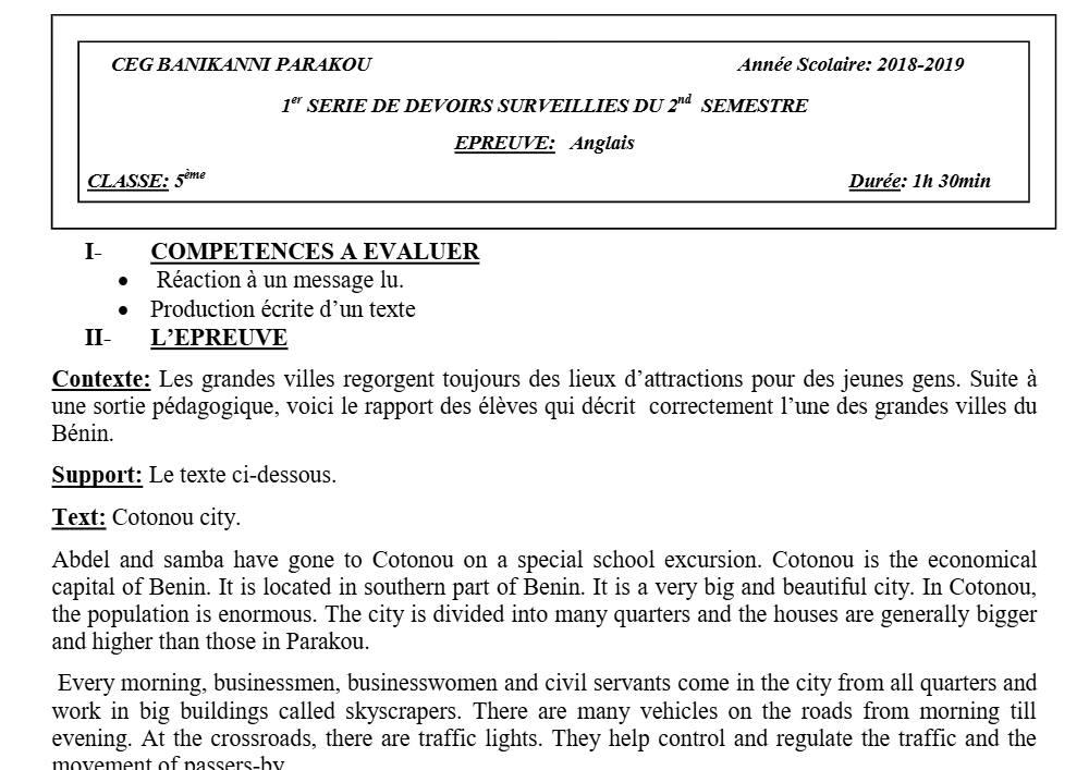 Aperçu de la première page — 5e Anglais Devoir 1 Semestre 2 CEG Banikanni 2018 2019