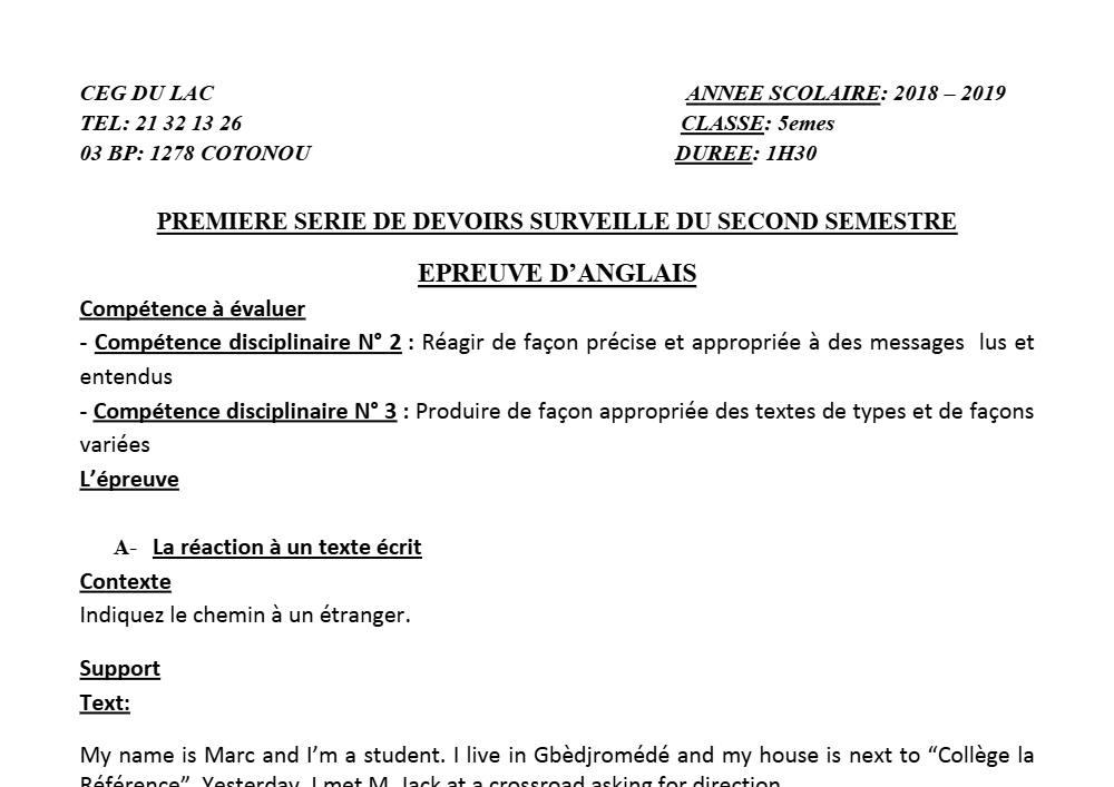Aperçu de la première page — 5e Anglais Devoir 1 Semestre 2 CEG du Lac 2018 2019 (2)