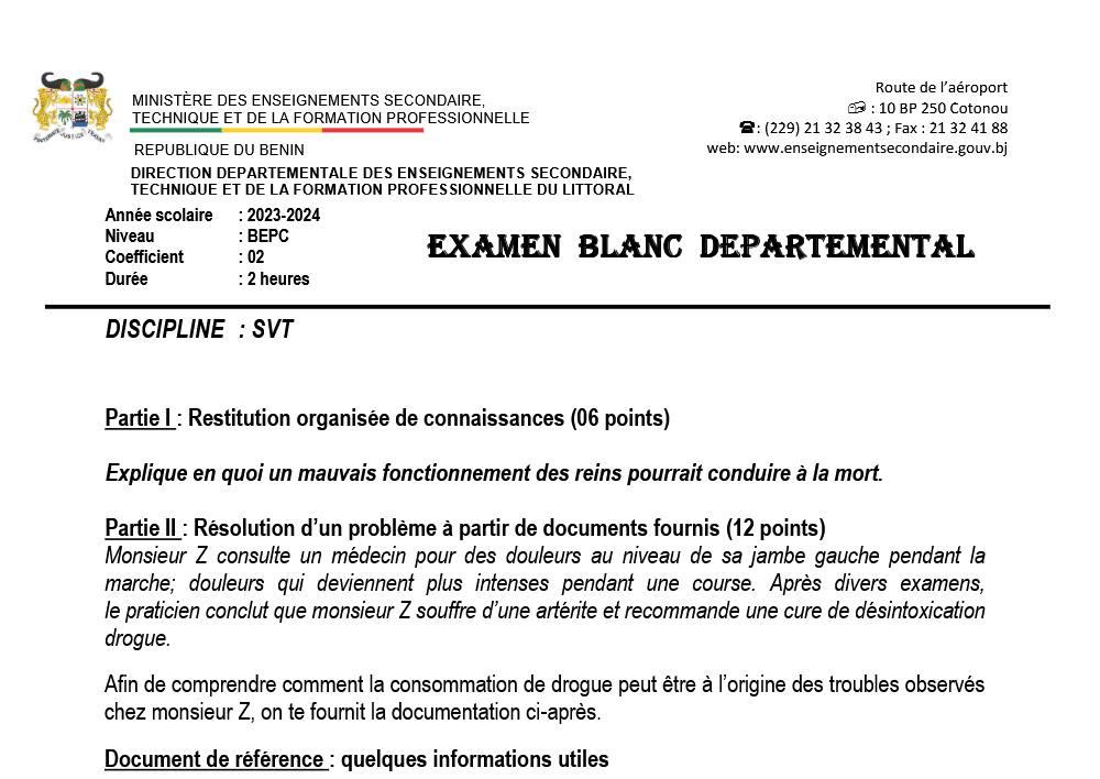 Aperçu de la première page — BEPC BLANC LITTORAL - SVT