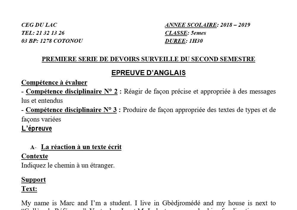 Aperçu de la première page — 5e Anglais Devoir 1 Semestre 2 CEG du Lac 2018 2019