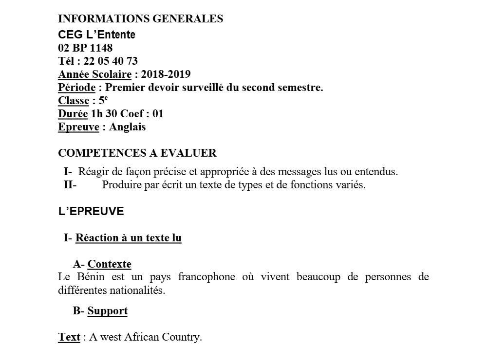 Aperçu de la première page — 5e Anglais Devoir 1 Semestre 2 CEG Entente 2018 2019