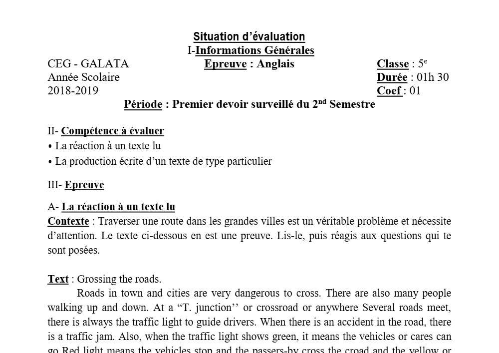 Aperçu de la première page — 5e Anglais Devoir 1 Semestre 2 CEG Galata 2018 2019 (2)