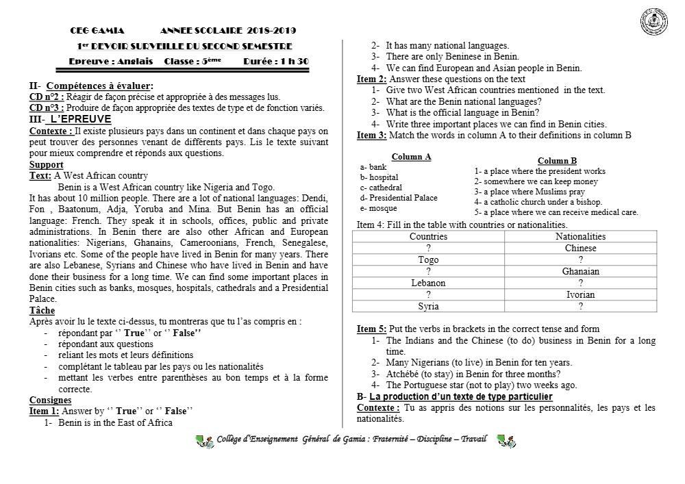 Aperçu de la première page — 5e Anglais Devoir 1 Semestre 2 CEG Gamia 2018 2019