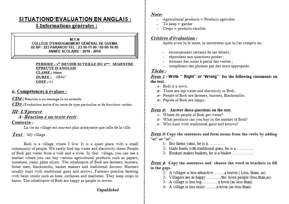 Aperçu de la première page — 5e Anglais Devoir 1 Semestre 2 CEG Guema 2018 2019