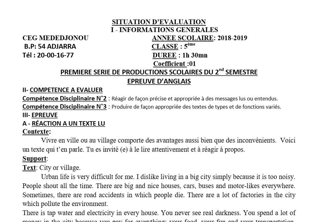 Aperçu de la première page — 5e Anglais Devoir 1 Semestre 2 CEG Mededjonou 2018 2019