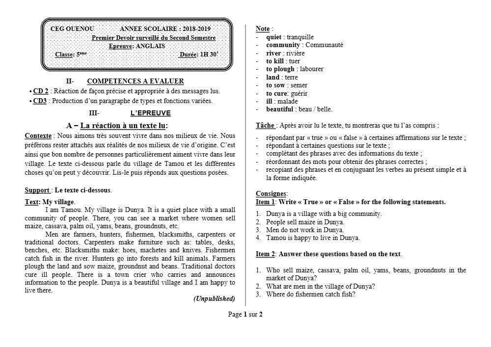 Aperçu de la première page — 5e Anglais Devoir 1 Semestre 2 CEG Ouenou 2018 2019