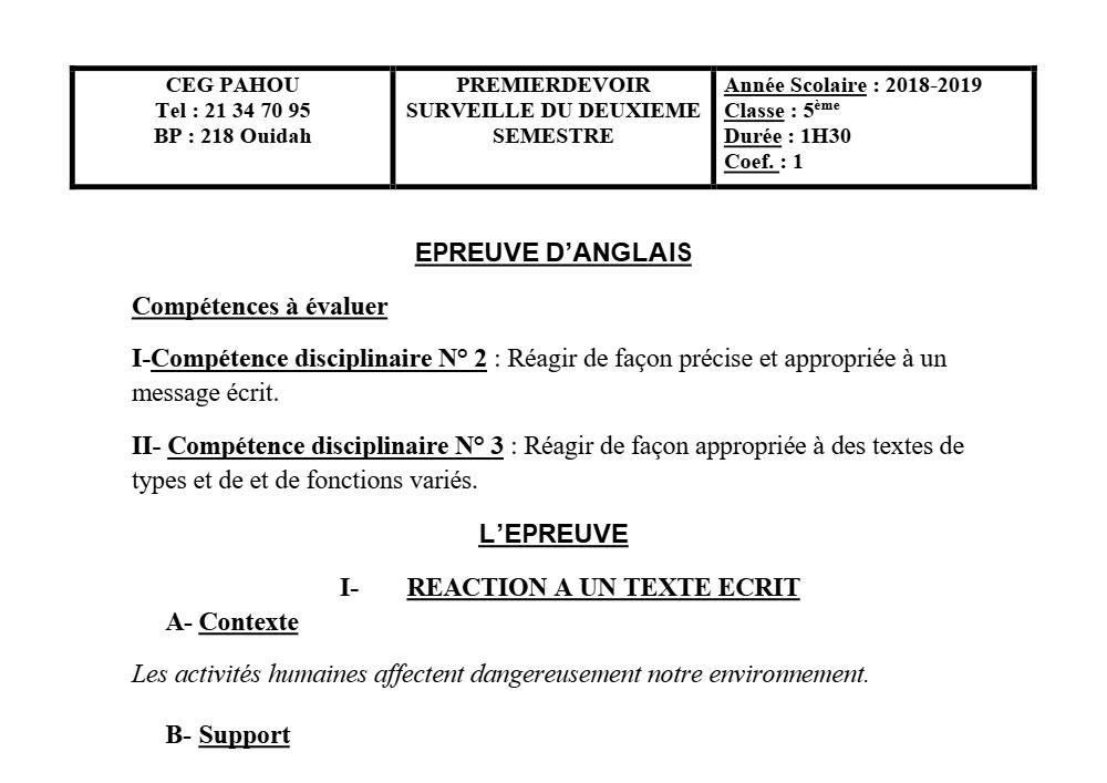 Aperçu de la première page — 5e Anglais Devoir 1 Semestre 2 CEG Pahou 2018 2019