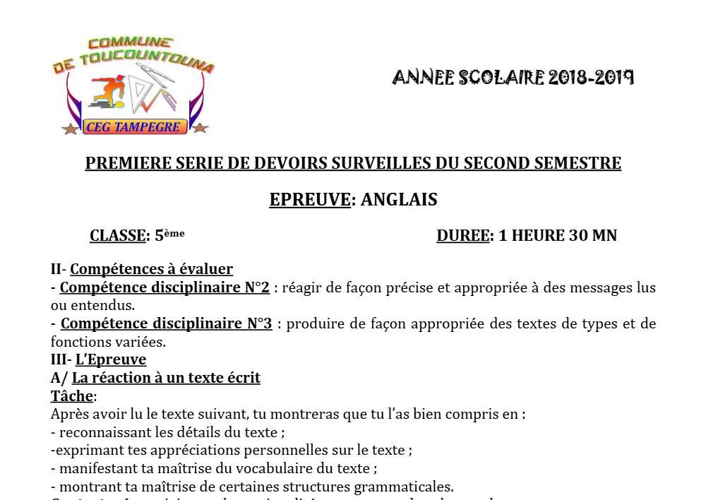 Aperçu de la première page — 5e Anglais Devoir 1 Semestre 2 CEG Tampegre 2018 2019