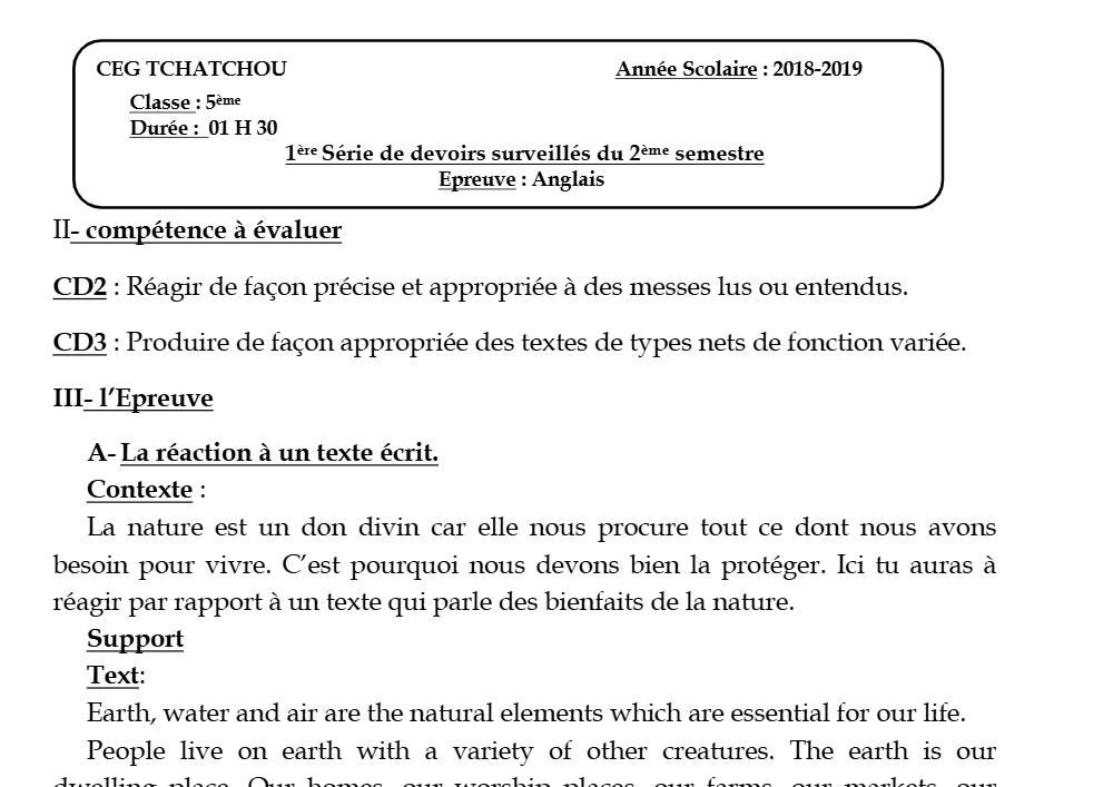 Aperçu de la première page — 5e Anglais Devoir 1 Semestre 2 CEG Tchatchou 2018 2019