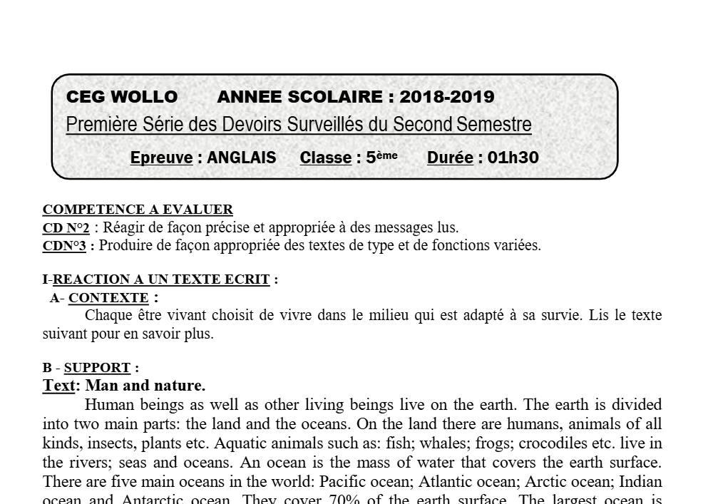 Aperçu de la première page — 5e Anglais Devoir 1 Semestre 2 CEG Wollo 2018 2019