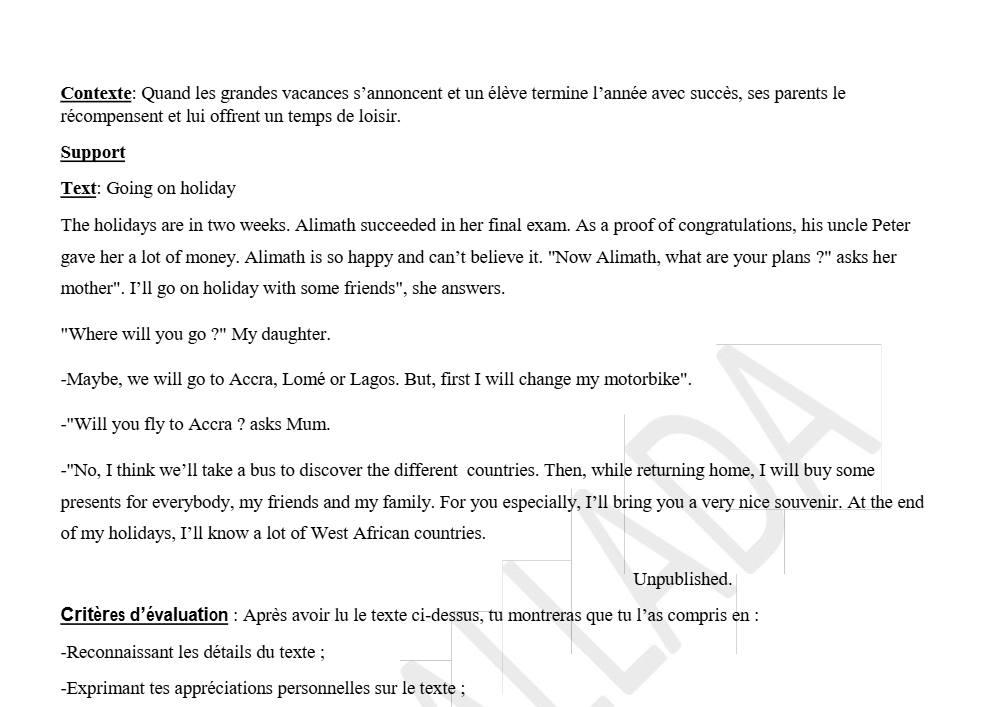Aperçu de la première page — 5e Anglais Devoir 2 Semestre 1 CEG1 Allada 2019 2020