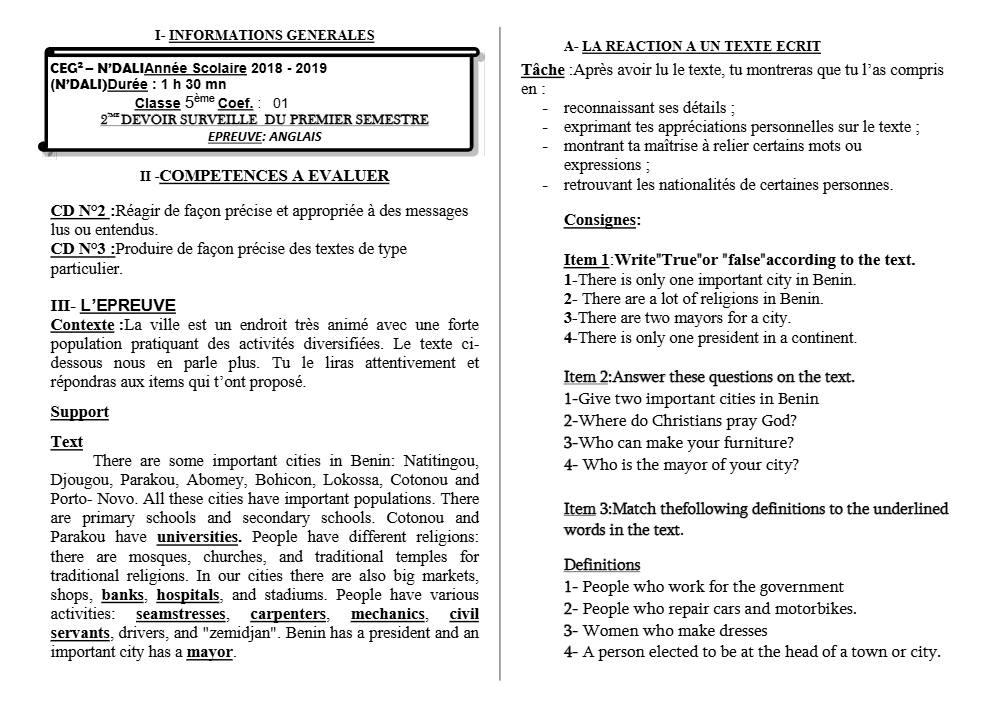 Aperçu de la première page — 5e Anglais Devoir 2 Semestre 1 CEG2 N'Dali 2018 2019