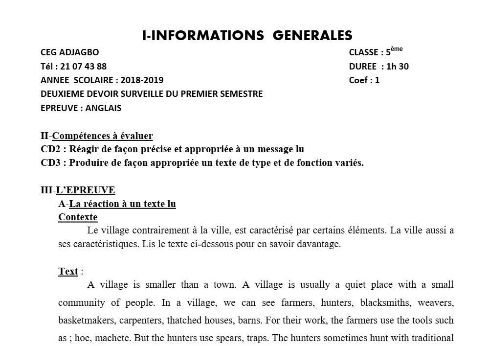 Aperçu de la première page — 5e Anglais Devoir 2 Semestre 1 CEG Adjagbo 2018 2019