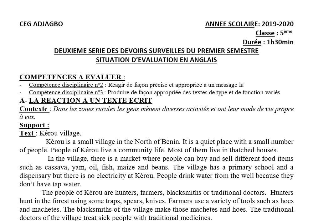 Aperçu de la première page — 5e Anglais Devoir 2 Semestre 1 CEG Adjagbo 2019 2020