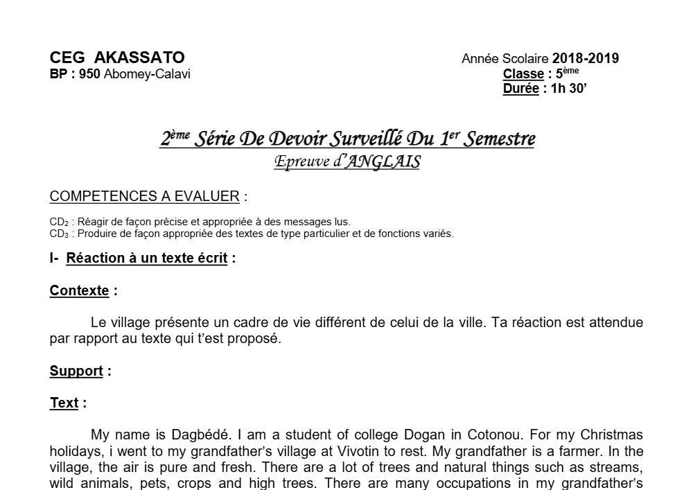 Aperçu de la première page — 5e Anglais Devoir 2 Semestre 1 CEG Akassato 2018 2019