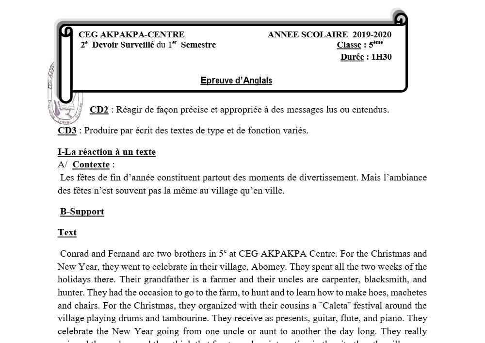 Aperçu de la première page — 5e Anglais Devoir 2 Semestre 1 CEG Akpakpa 2019 2020