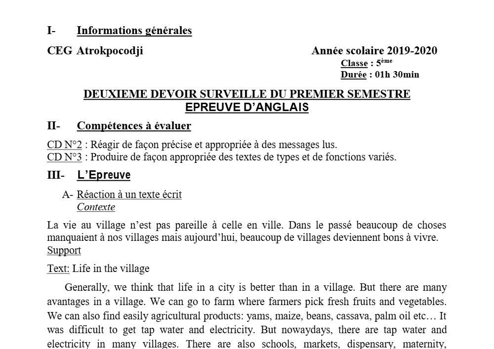 Aperçu de la première page — 5e Anglais Devoir 2 Semestre 1 CEG Atrokpocodji 2019 2020