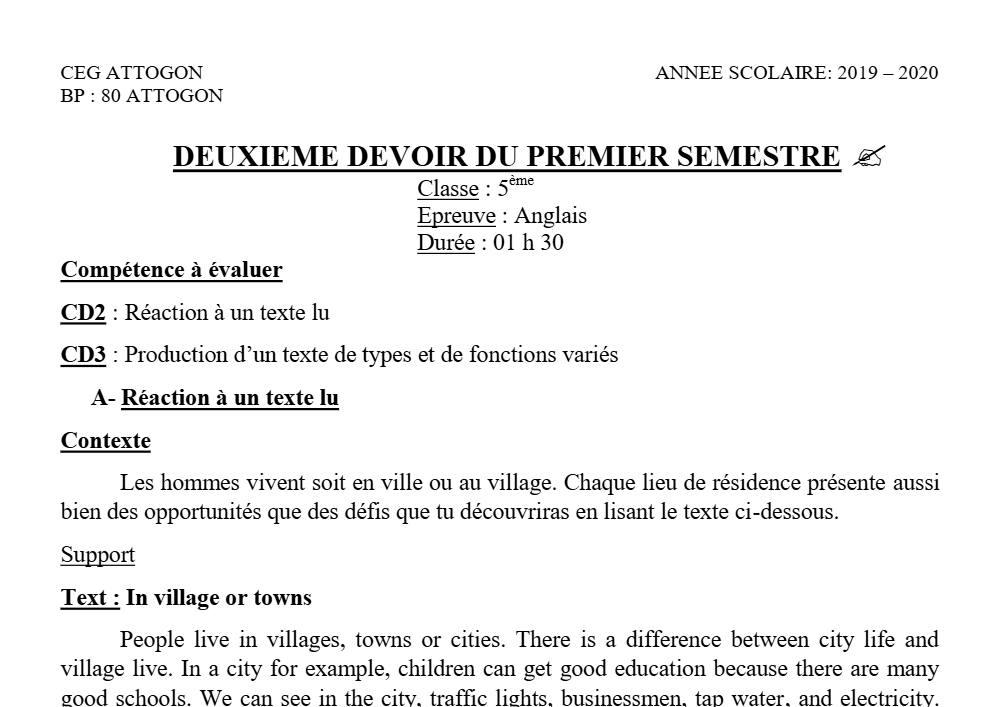 Aperçu de la première page — 5e Anglais Devoir 2 Semestre 1 CEG Attogon 2019 2020