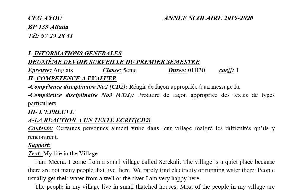 Aperçu de la première page — 5e Anglais Devoir 2 Semestre 1 CEG Ayou 2019 2020