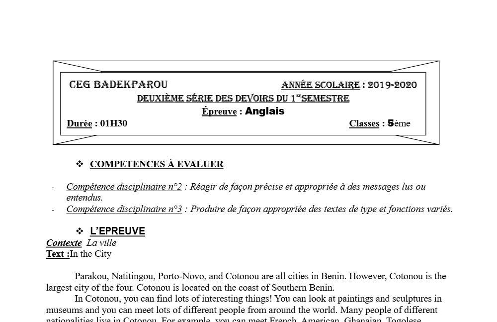 Aperçu de la première page — 5e Anglais Devoir 2 Semestre 1 CEG Badekparou 2019 2020