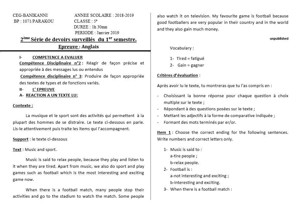 Aperçu de la première page — 5e Anglais Devoir 2 Semestre 1 CEG Banikanni 2018 2019