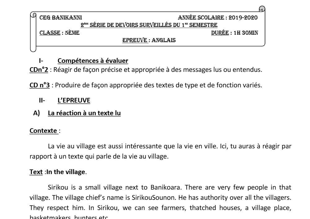 Aperçu de la première page — 5e Anglais Devoir 2 Semestre 1 CEG Banikanni 2019 2020