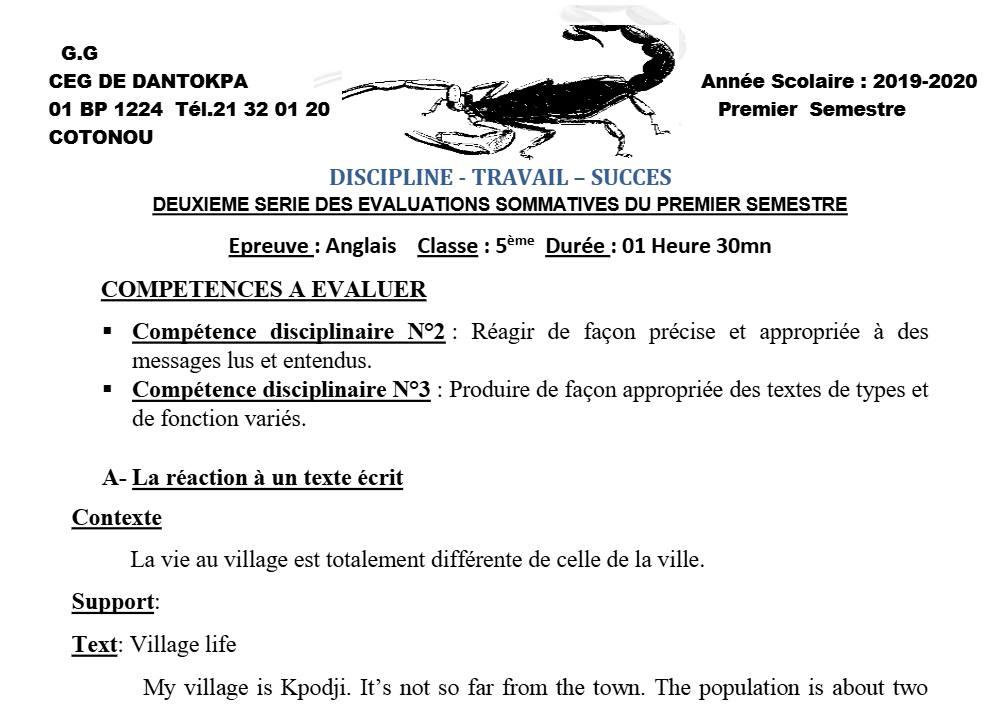 Aperçu de la première page — 5e Anglais Devoir 2 Semestre 1 CEG Dantokpa 2019 2020 (2)