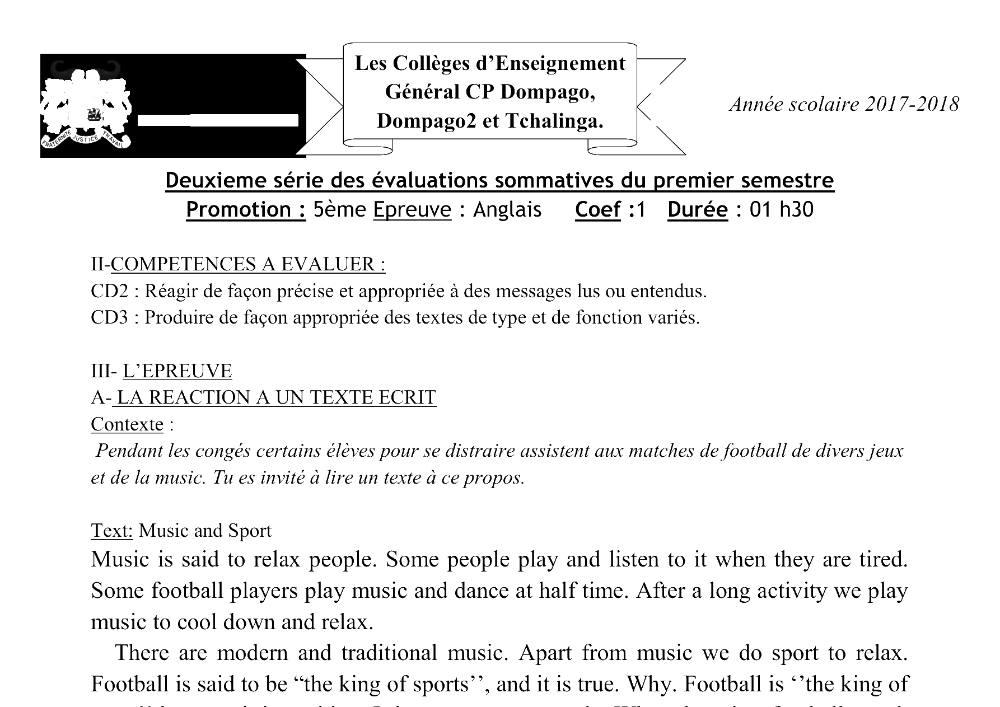 Aperçu de la première page — 5e Anglais Devoir 2 Semestre 1 CEG Dompago Tchalinga 2017 2018