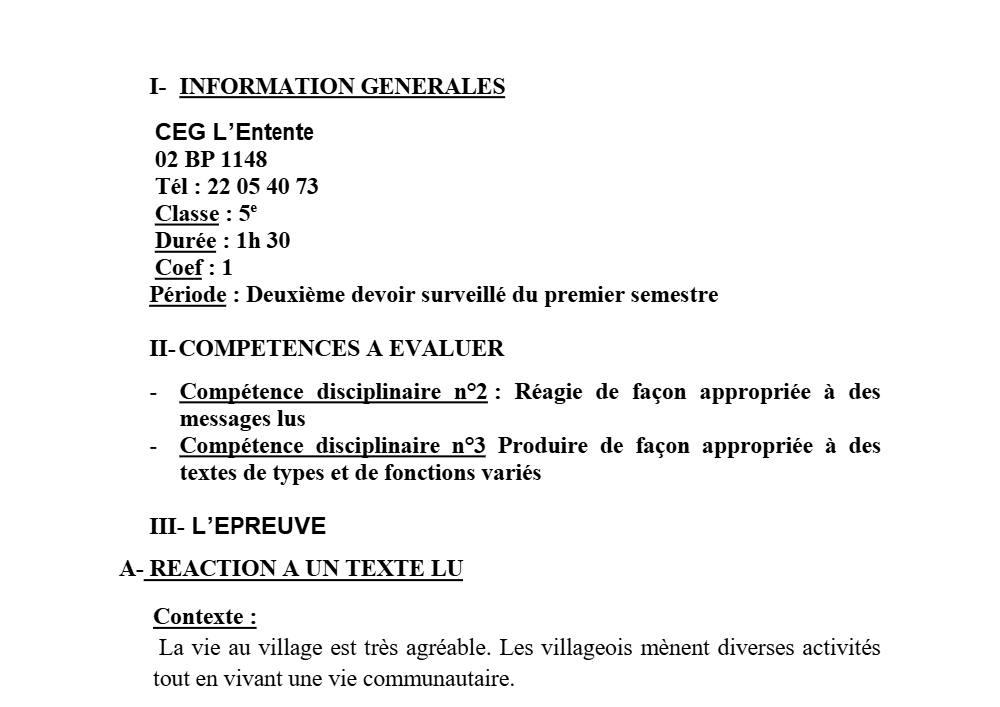 Aperçu de la première page — 5e Anglais Devoir 2 Semestre 1 CEG Entente 2018 2019