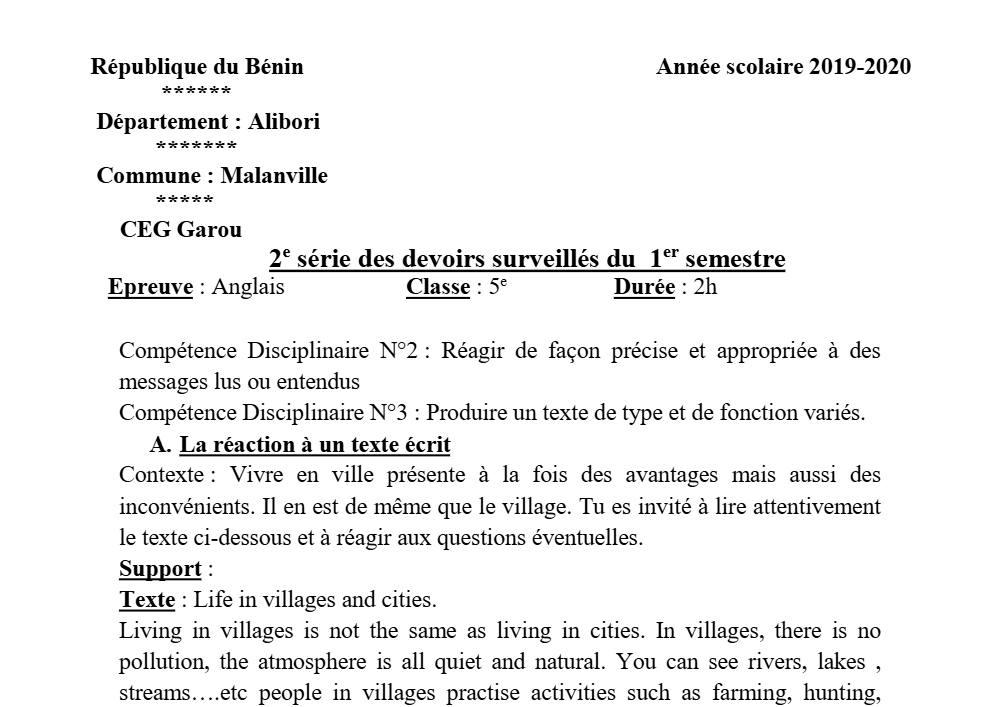 Aperçu de la première page — 5e Anglais Devoir 2 Semestre 1 CEG Garou 2019 2020