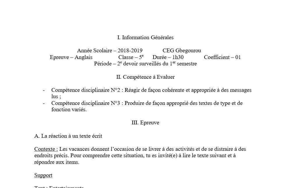 Aperçu de la première page — 5e Anglais Devoir 2 Semestre 1 CEG Gbegourou 2018 2019