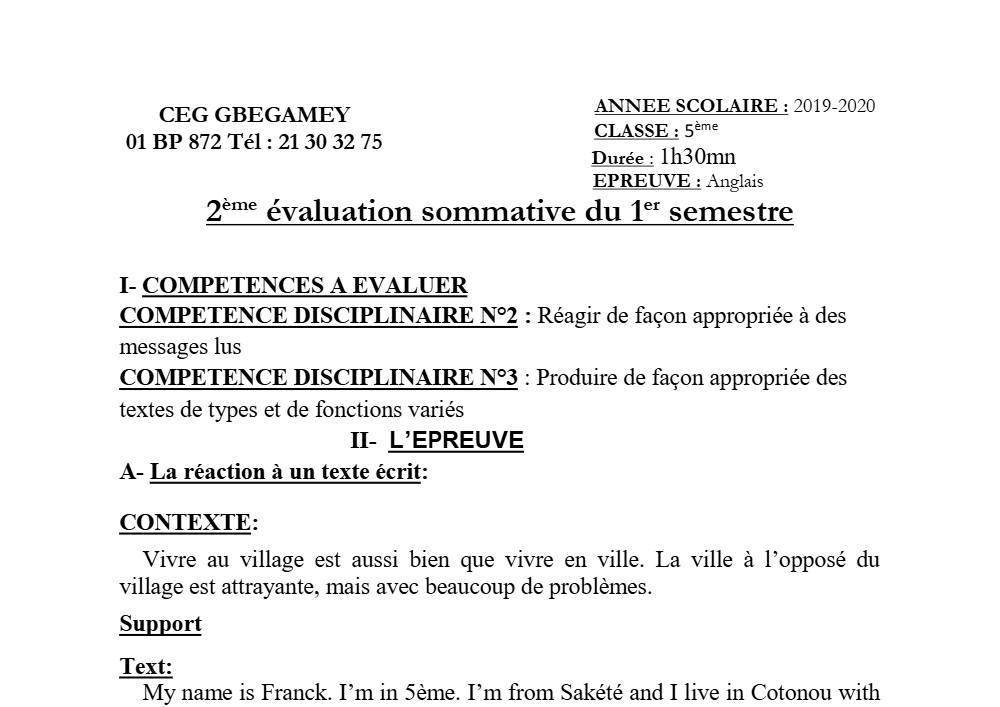Aperçu de la première page — 5e Anglais Devoir 2 Semestre 1 CEG Gbégamey 2019 2020