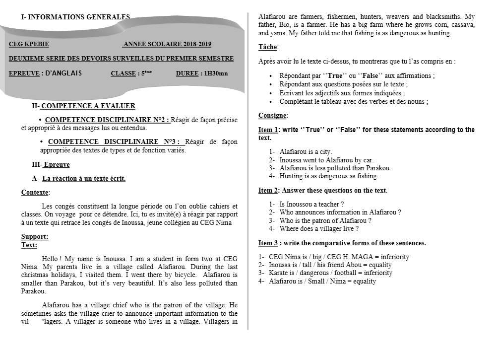Aperçu de la première page — 5e Anglais Devoir 2 Semestre 1 CEG Kpebie 2018 2019