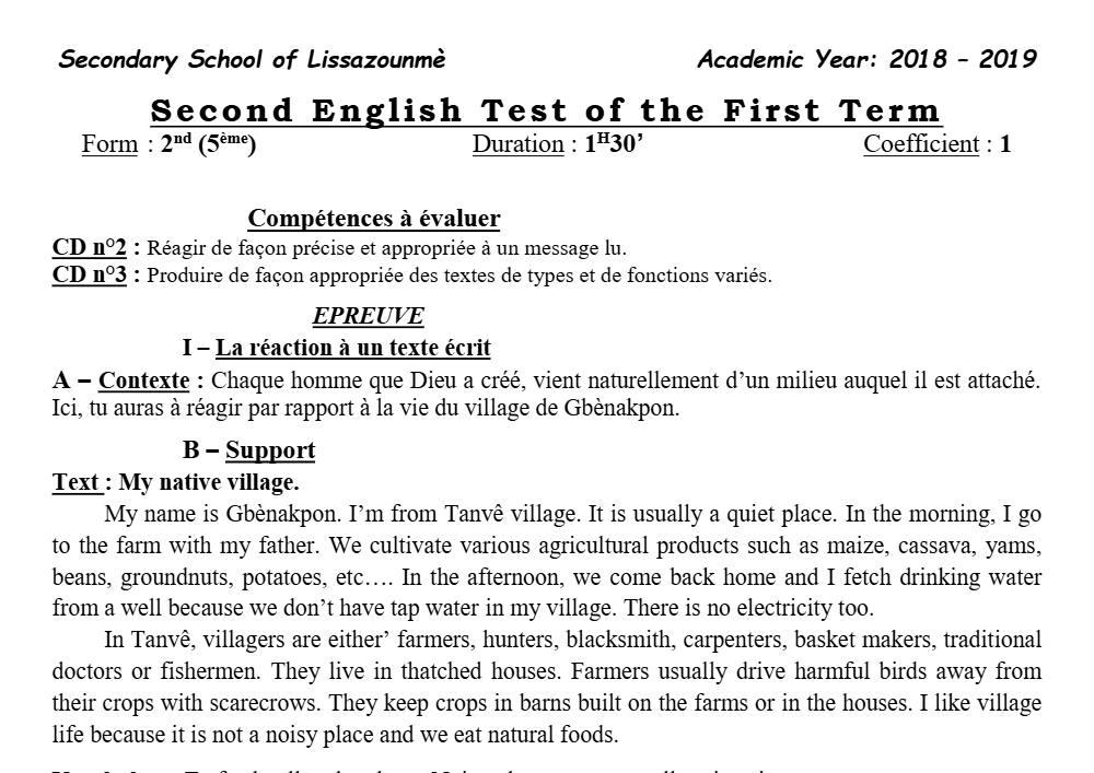 Aperçu de la première page — 5e Anglais Devoir 2 Semestre 1 CEG Lissazounme 2018 2019