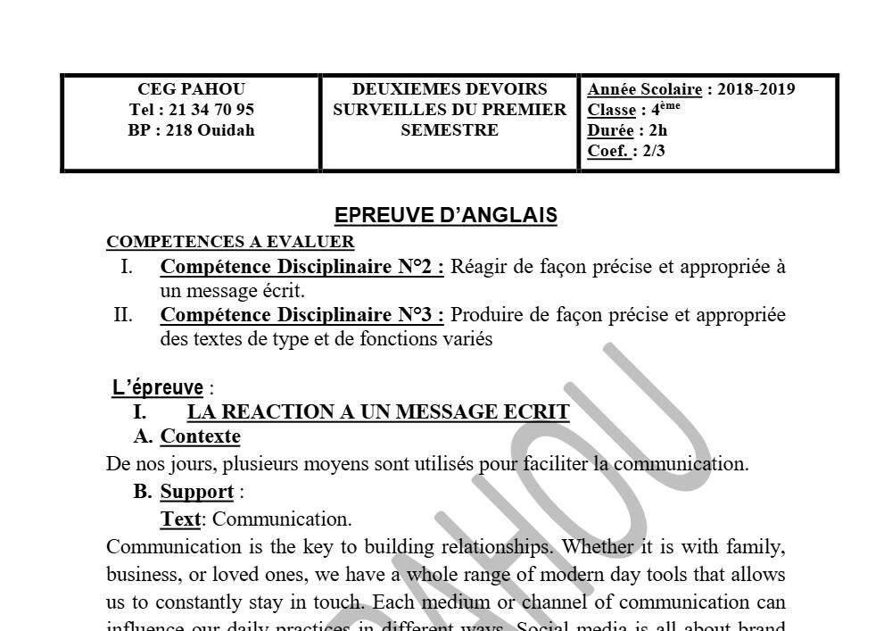 Aperçu de la première page — 5e Anglais Devoir 2 Semestre 1 CEG Pahou 2018 2019