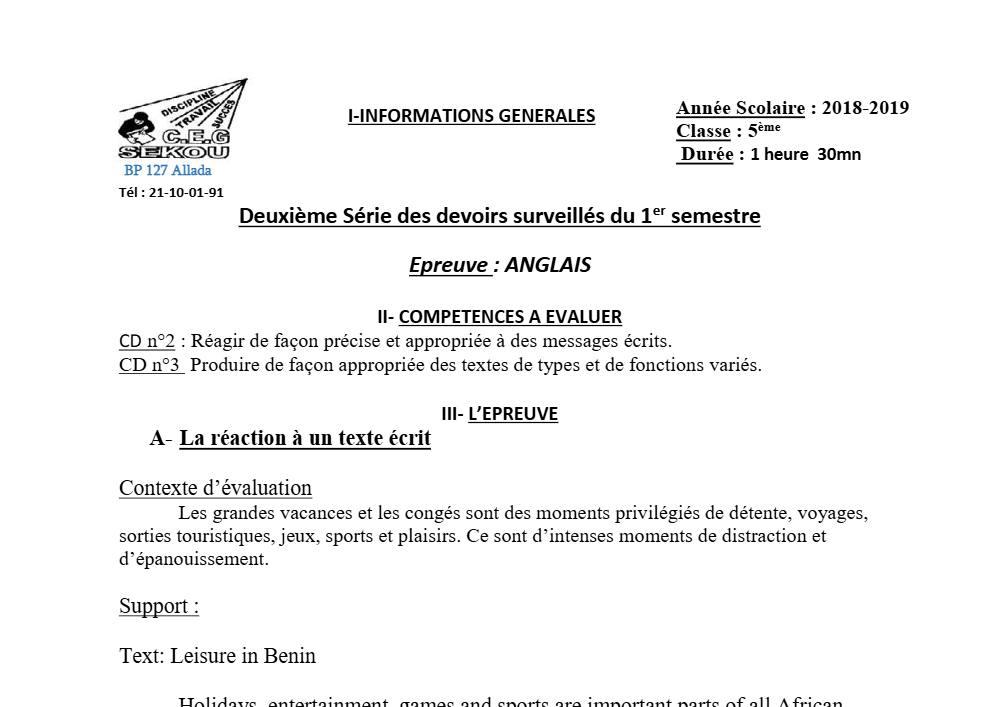 Aperçu de la première page — 5e Anglais Devoir 2 Semestre 1 CEG Sekou 2018 2019