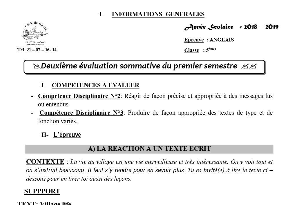 Aperçu de la première page — 5e Anglais Devoir 2 Semestre 1 CEG So Ava 2018 2019
