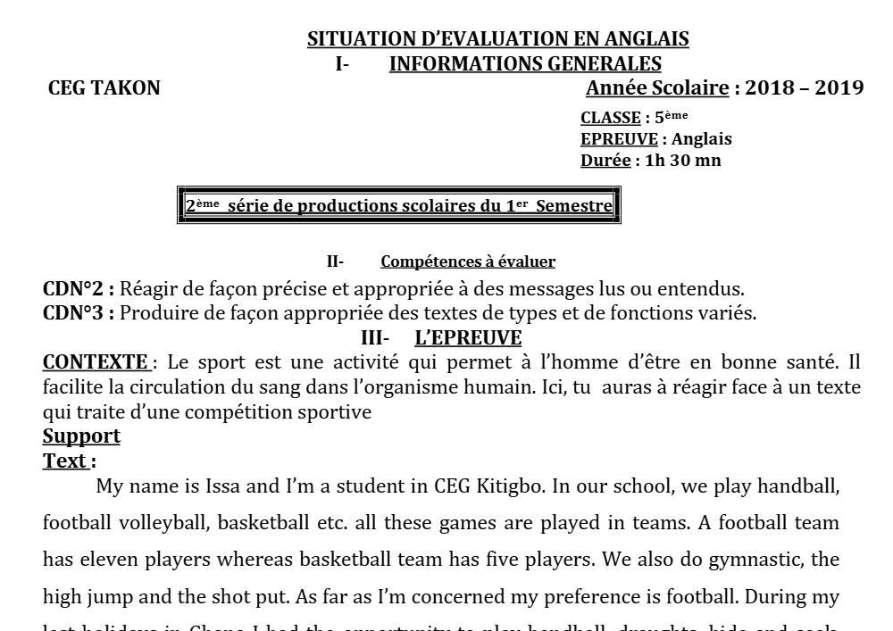 Aperçu de la première page — 5e Anglais Devoir 2 Semestre 1 CEG Takon 2018 2019