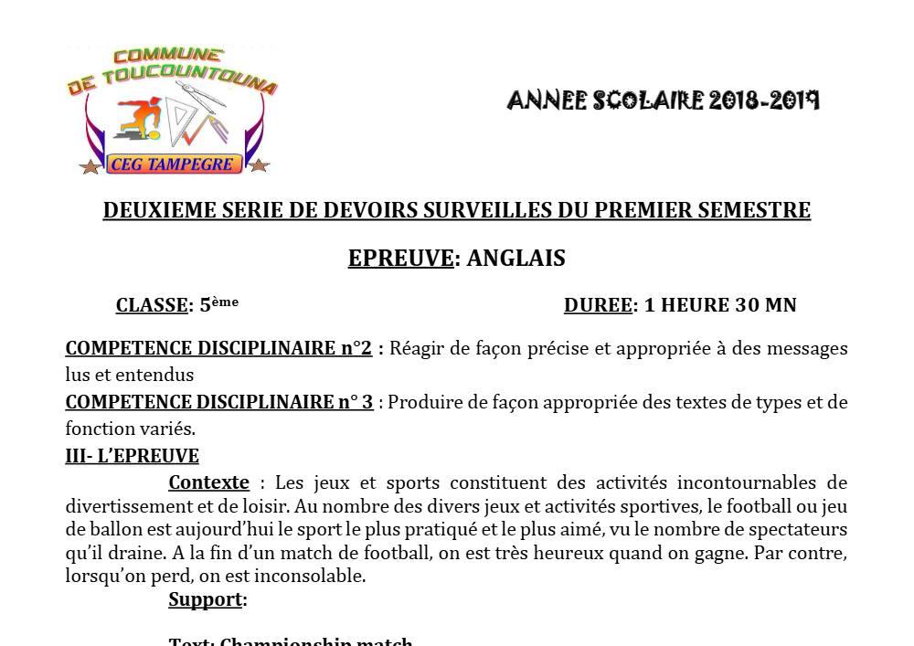 Aperçu de la première page — 5e Anglais Devoir 2 Semestre 1 CEG Tampegre 2018 2019